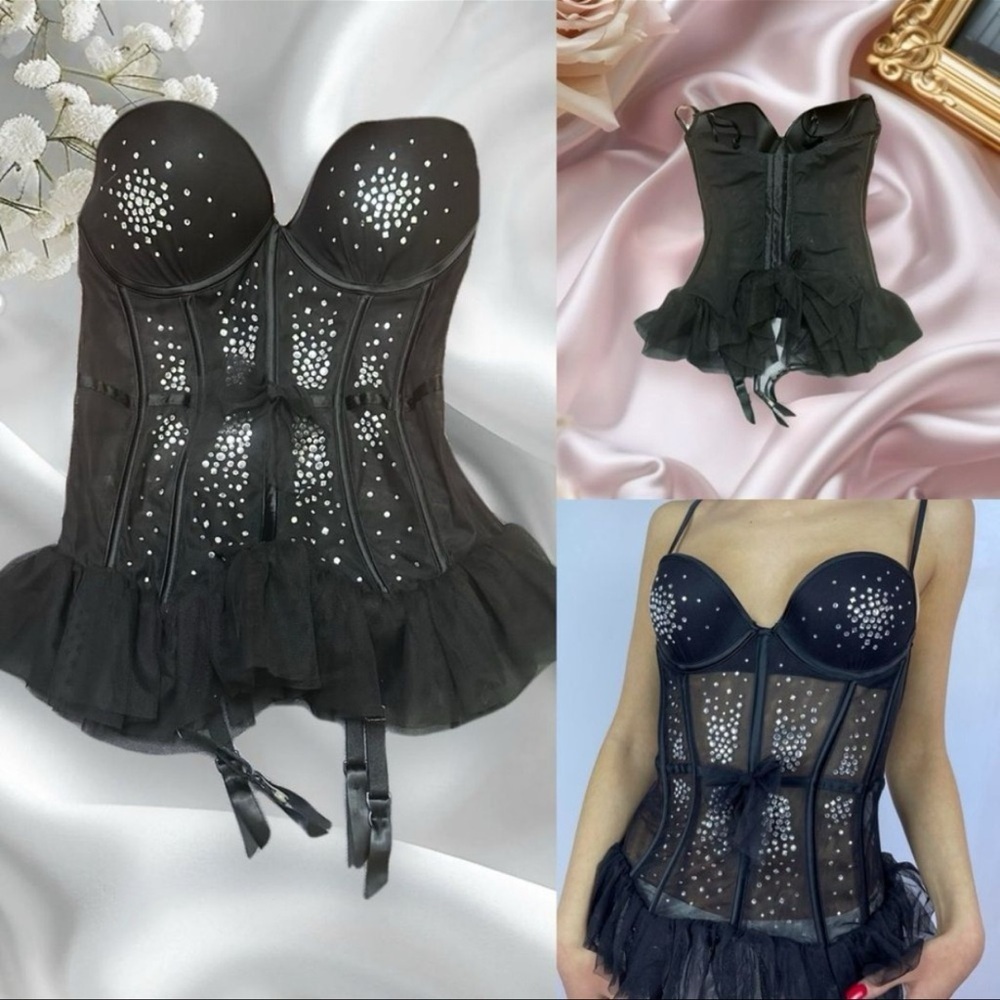 Victoria's Secret Elegant Black Corset with Rhinestones Detailing size 34D